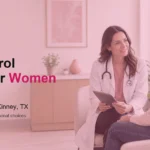 Female primary care doctor speaking with a woman patient during a family planning consultation in a bright clinic, with pink In The Pink Primary Care branding.